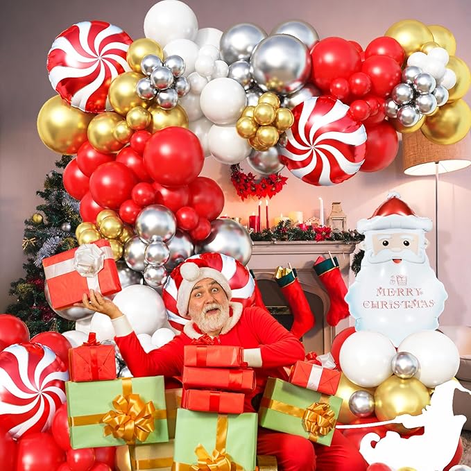Christmas Balloon Arch Garland Kit, 135Pcs Red White Gold Silver Xmas Balloon with Candy Santa Claus Foil Balloons for Merry Christmas Holiday Birthday Baby Shower Winter New Year Party Decorations