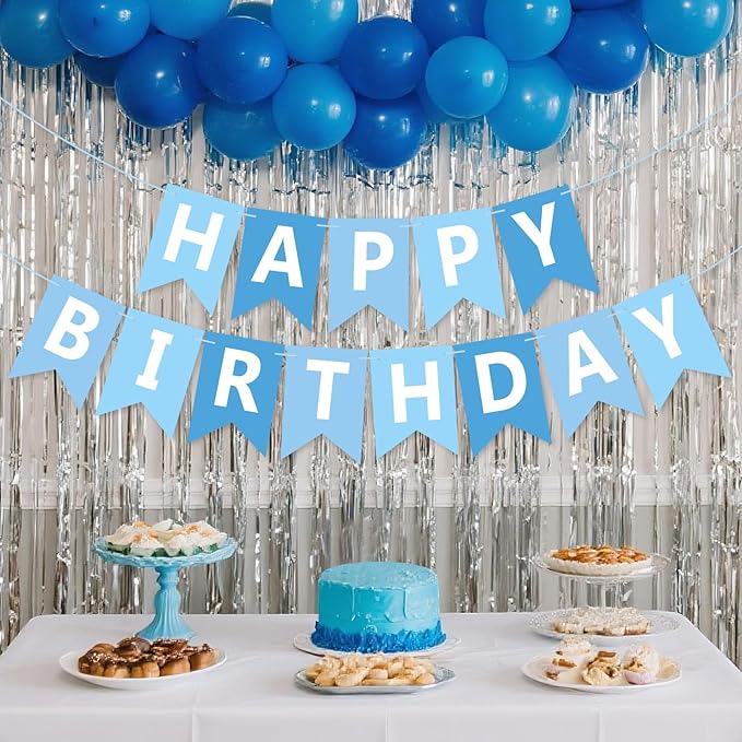 Happy Birthday Banner Sign, Birthday Garland Wall Door Hanging Banners Flag for Women Men Boys Girls Party Backdrop Decorations, Personalized Name Banner White Letters Light Blue