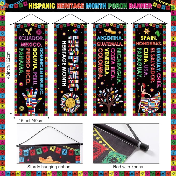 Panelee 4 Pcs Hispanic Heritage Month Decorations National Hispanic Heritage Month Banner Latin American Porch Signs Spanish Classroom Decor for Classroom Home Wall Indoor Outdoor Hanging Backdrop
