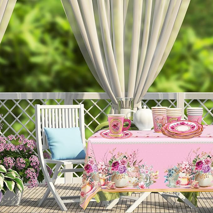 WorldBazaar Tea Party Disposable Tableware Set Pink Tea Party Supplies 12 Sets Floral Paper Tea Cups and Saucers Plates Napkins Tablecloth Pink Birthday Table Decorations Women Girls Adults