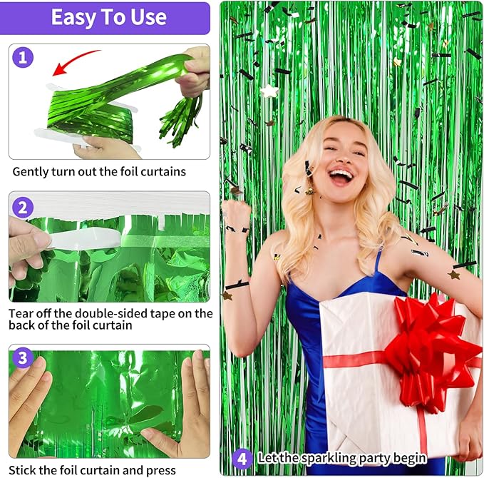St Patricks Day Decorations Green Tinsel Backdrop 3.3x8.2ft, 2 Pack Foil Fringe Curtain Football Party Door Streamers, Green Fringe Backdrop for Superbowl Easter Christmas Jungle Birthday Irish Decor