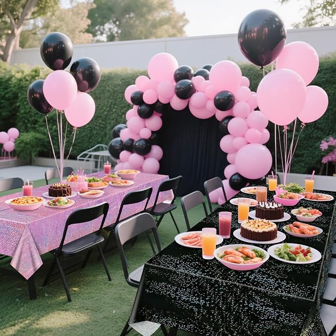 2Pcs Pink & 2Pcs Black Holographic Tablecloths Rectangular Pink and Black Iridescent Tablecloth Shimmer Metallic Table Covers for Hot Pink and Black Birthday Decorations, 54 x 108inch