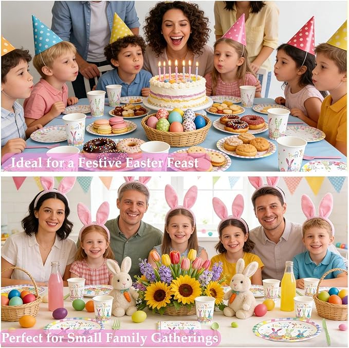 168PCS Happy Easter Plates and Napkins Forks Sets - Disposable Spring Flowers Paper Plates Set Colorful Eggs Themed Round Tableware for Easter Party Supplies Favors Table Decor(Serves 24)