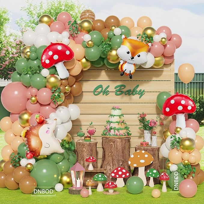 158Pcs Sage Green Pink Gold Woodland Balloon Garland Arch Kit,with Mushroom,Fox,Hedgehog Foil Balloons for Forest Fairy Wild Animal Theme Baby Shower Birthday Spring Garden Tea Party Decorations