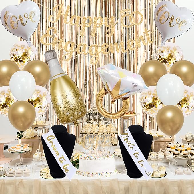Trgowaul Champagne Gold Engagement Party Decorations, Happy Engagement Banner Backdrop, Bride&Groom Sash for Bridal Shower, Ring Foil Balloon, Just Engaged Cake Topper Wedding Shower Decor