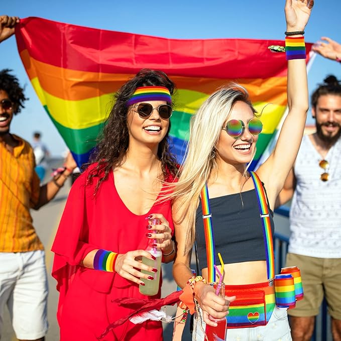 Sweetude Gay Pride Rainbow Fanny Pack Accessories Outfit Beverage Beer Belt Costume Set with Drink Holder Sunglasses Striped Sweatband Women Men
