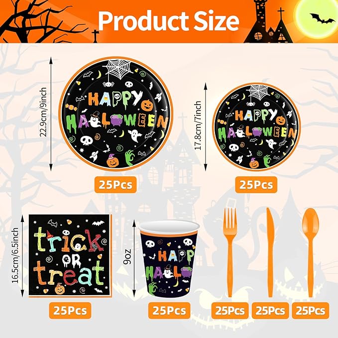 175 Pcs Halloween Tableware Party Supplies Set - Serves 25, Spooky Happy Halloween Disposable Dinnerware, Includes Plates, Cups, Napkins, Forks, Spoons, Knives for Trick or Treat Favors