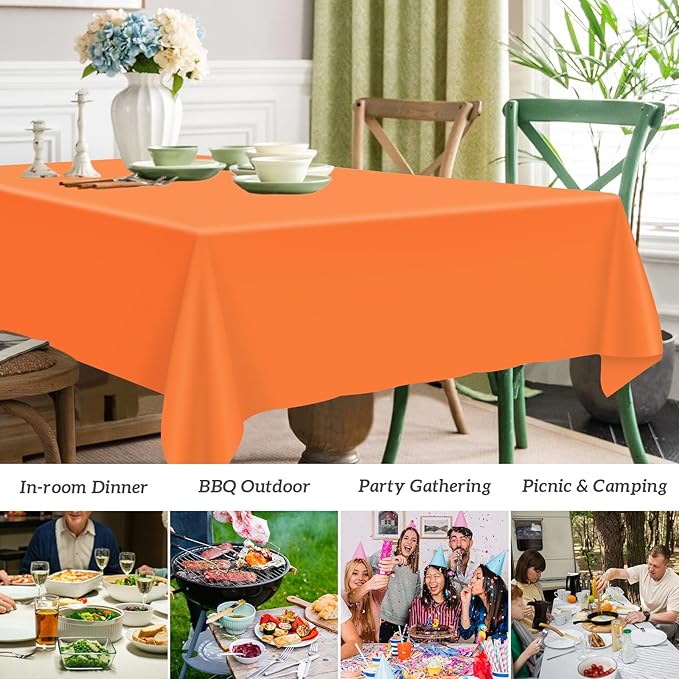 Mulbozy 2 Pcs Orange Plastic Tablecloth for Rectangle Table, 54 × 108 inches Disposable Orange Table Covers for Picnic, Camping and Outdoor, Fall Theme Party, Thanksgiving Party Decoration