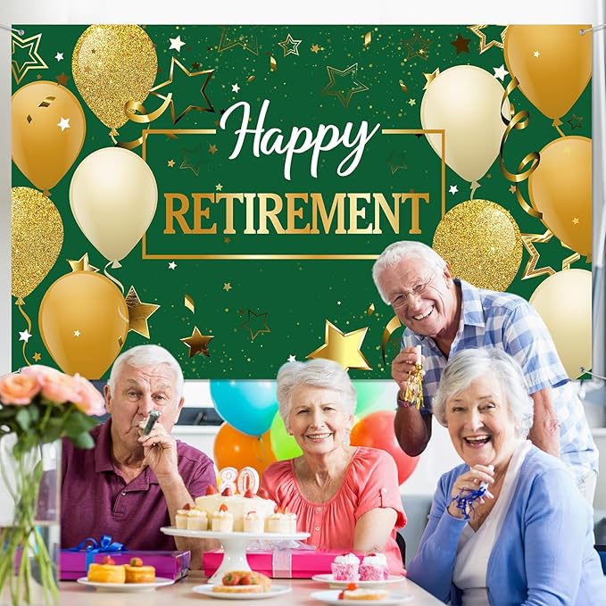 Blulu Retirement Party Decorations, Extra Large Fabric Retire Sign Banner Photo Booth Backdrop Background with Rope for Retirement Party Favor(72.8 x 43.3 Inches,Green and Gold)