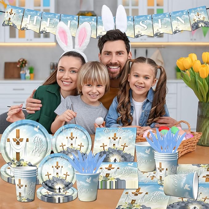 He is Risen Party Supplies, 142Pcs Easter He is Risen Decoration Tableware Set Include Easter Religious Plates and Napkins,Cups,Banner,Tablecloth for Spring Christian Party Supplies