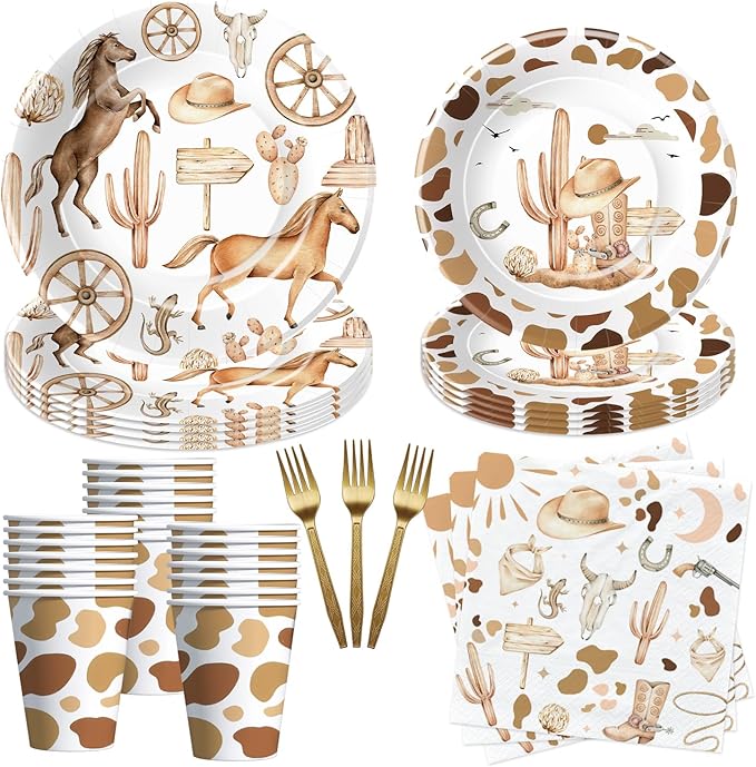 APOWBLS Western Cowboy Party Decorations Dinnerware - Wild West Party Supplies, Paper Plate, Cup, Napkin, Fork, Western Cowboy Rodeo Theme Birthday Baby Shower Decorations Tableware | Serve 24 Guests