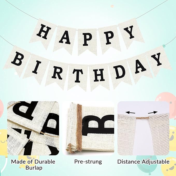 Burlap Happy Birthday Banner, Black Assembled Happy Birthday Banner Sign Garland for Boys Girls Rustic Party Decorations