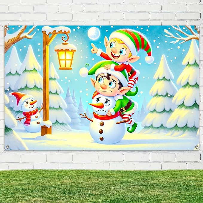 Christmas Banner Elf Snowman Holiday Wall Backdrop Cute Cartoon Winter Wonderland Decoration Indoor Outdoor Party Supplies Kids Room Fence Photo Background Scene 71 X 43 Inches