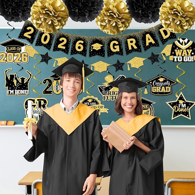 Black and Gold Graduation Decorations, 2026 Grad Banner and Congrats Grad Hanging Swirls, Black and Gold Graduation Banner Graduations Hanging Swirls College Graduations Party Decoration Class of 2026