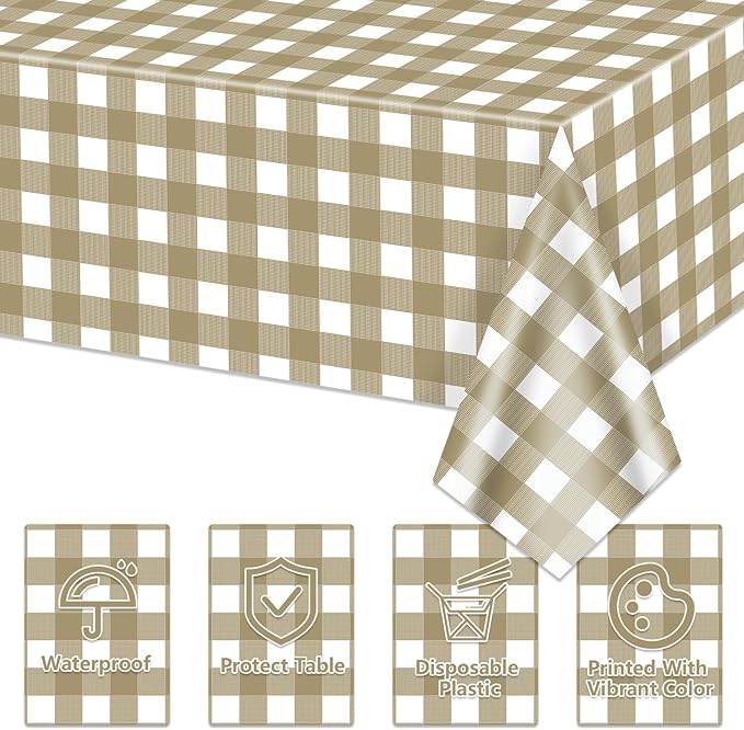 4 Pack Khaki Tablecloths, Khaki and White Checkered Tablecloths 86 x 51 Inches Gingham Tablecover Rectangular Waterproof Picnic Table Covers for Birthday Party Supplies