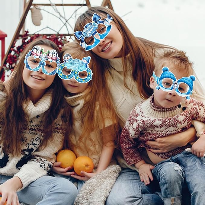 16Pcs Winter Party Glasses Frames, Funny Winter Paper Glasses Snowmen Snowflake Eyeglasses Photo Booth Props for Christmas Holiday Birthday New Year Party Supplies
