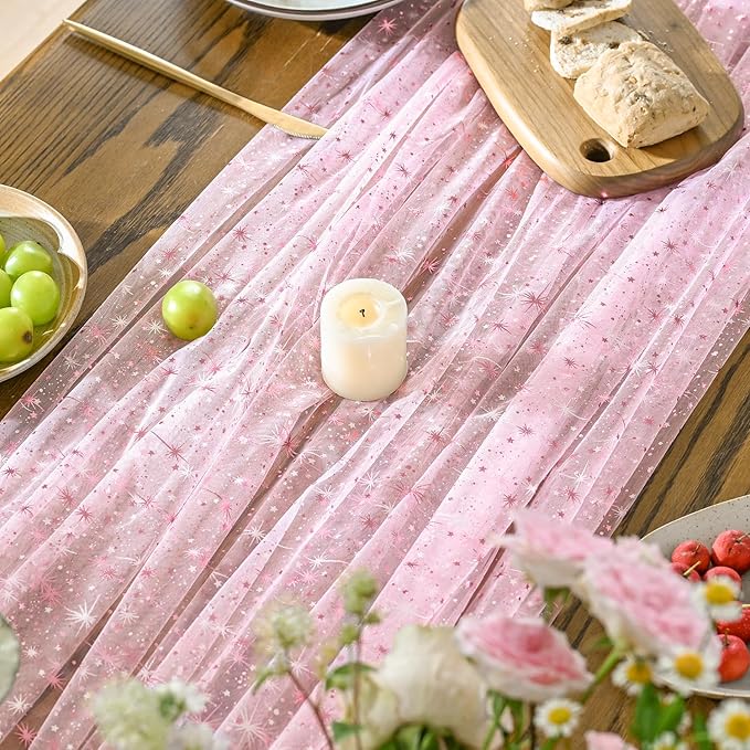 Horaldaily Pink Gold Sparkling Star Gauze Tablecloth 52x70 Inch Rectangular, Pink Star Sequin Glitter Metallic Foil, Sheer Tulle Cheesecloth for Wedding Baby Shower Party