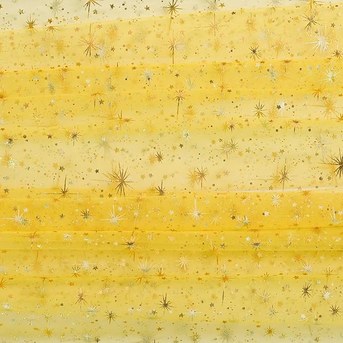Horaldaily Yellow Gold Sparkling Star Gauze Tablecloth 60x120 Inch Rectangular, Golden Star Sequin Glitter Metallic Foil, Sheer Tulle Cheesecloth for Wedding Baby Shower Party
