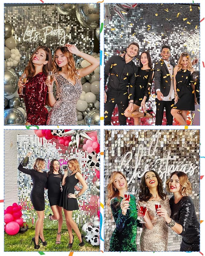 Silver Shimmer Wall Backdrop 48 Panels Cover 8 x 6 Ft, Photo Backdrops for Wedding,Anniversary,Birthday,Party Decoration