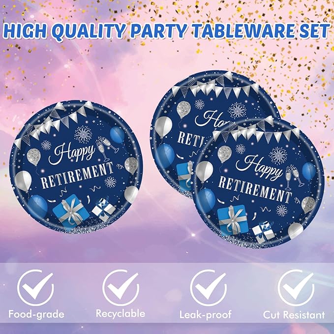 Retirement Party Decorations for Men Women Blue Silver Happy Retirement Plates and Napkins Disposable Dinnerware Tableware Decorations Supplies | Serve 20