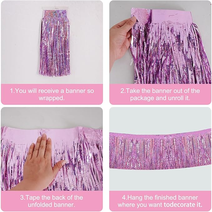 BEISHIDA 3 Packs Metallic Foil Fringe Garland Laser Light Pink Wall Hanging Tinsel Fringe Banners for Car Floats Bridal Shower Wedding Birthday Easter Graduation Holiday Party Decoration(30 Feet)