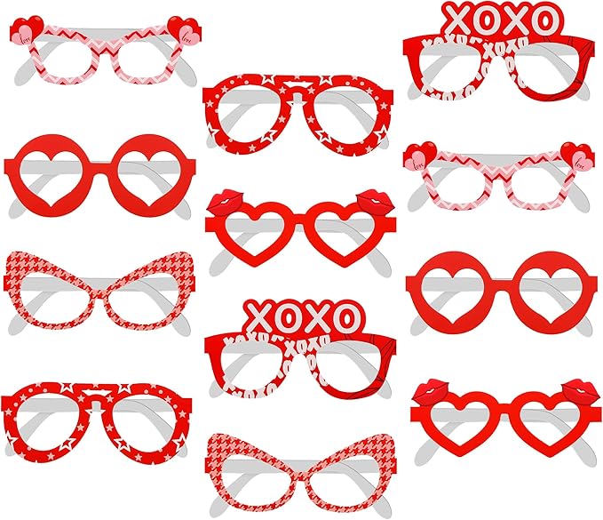 KatchOn, Red Heart Glasses - Pack of 12 | Valentines Glasses for Valentines Day Decorations | Valentines Photo Props for Valentines Decor | 6 Designs Heart Shaped Glasses | Galentines Day Decorations