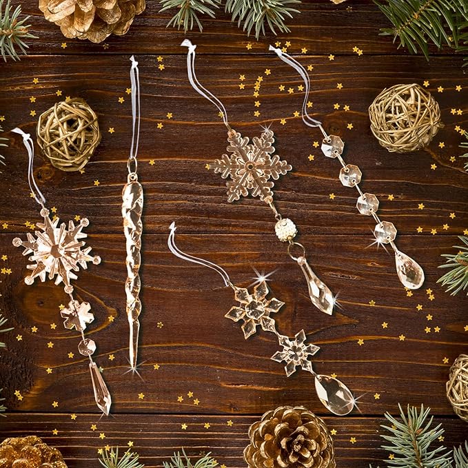 18pcs Crystal Christmas Ornaments for Christmas Tree Decorations-Champagne Hanging Acrylic Snowflake and Icicle Ornaments with Drop Pendants for New Year Party Decorations Supplies