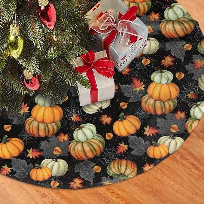 Thanksgiving Fall Tree Skirt Maple Leaf Pumpkin Spider Web Christmas Tree Skirt Xmas Tree Mat Halloween Christmas Tree Ornaments Decorations Holiday Party Indoor Outdoor 30"
