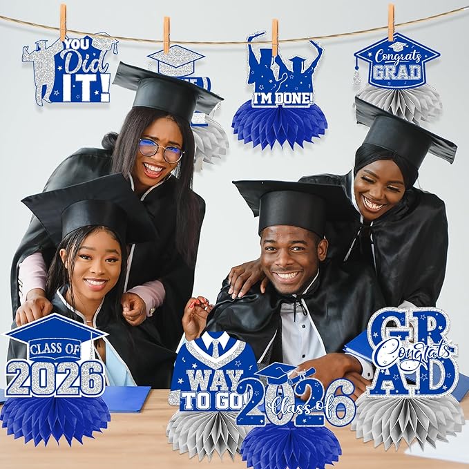 12pcs Graduation Table Decorations 2026,Silver and Blue Graduation Decorations 2026 Graduation Centerpieces for Tables,Class of 2026 Centerpieces Honeycomb for Congrats Grad Table Decor