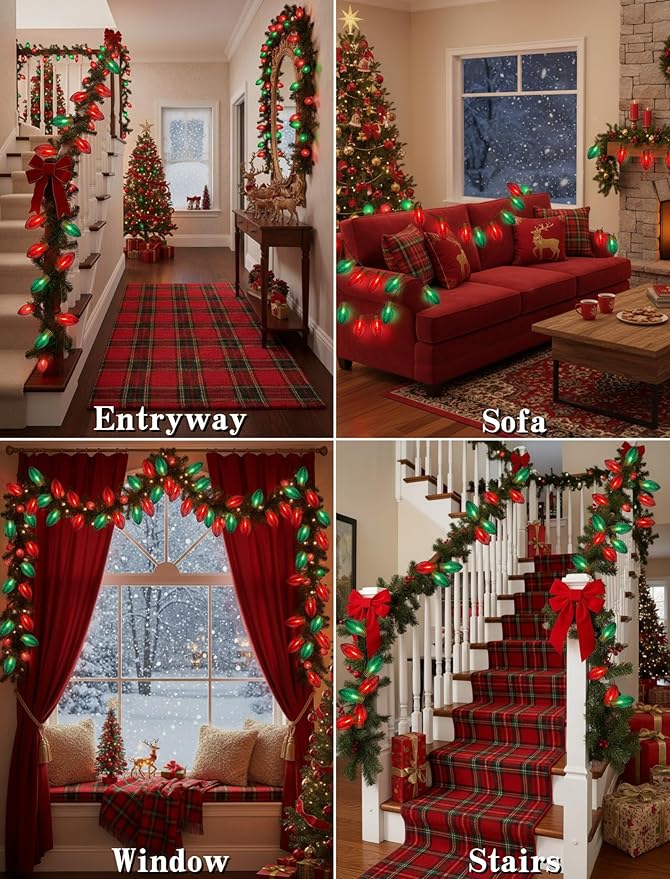 16FT Jumbo Red and Greeen Christmas Lights,Outdoor Giant Christmas Decorations Lights with 10 LED Clear Red and Greeen Bulbs for Tree Holiday Home Roof Yard Garden Decorations