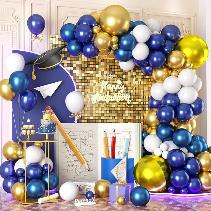 Blue Gold Balloon Garland Kit, 120pcs Blue Gold White Balloon Arch Kit With Gold 4d Foil Balloon Different Sizes For Graduation Party Birthday Celebration Baby Shower Wedding Bridal Shower Decoration