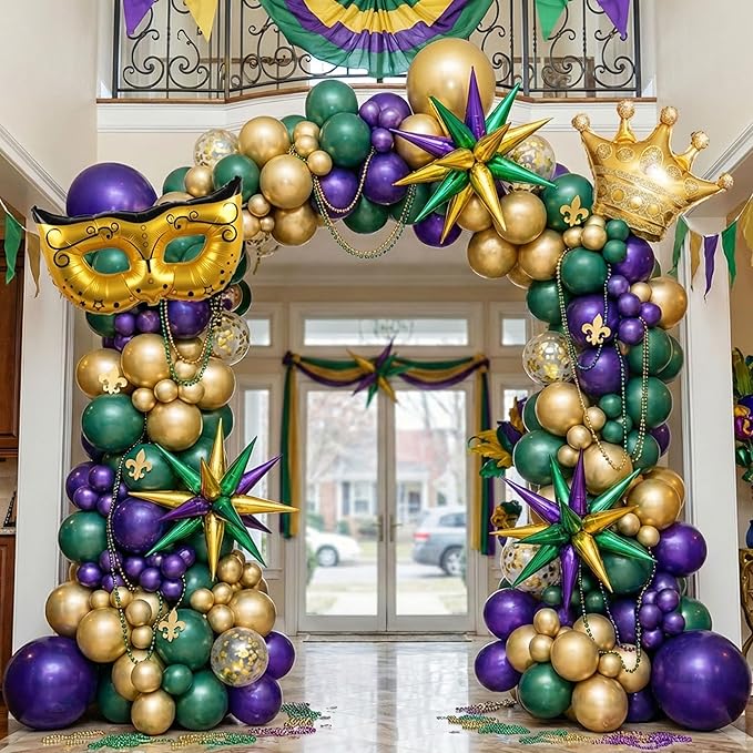 Mardi balloon garland arch kit 130pcs Purple green gold with golden confetti balloons Mylar star Crown and Crown Mask Balloons for Gorgeous Funny Grand Fat Tuesday Party decorations