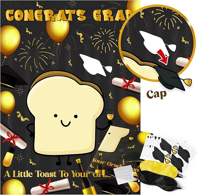 Pin The Cap On The Toast Game Class of 2026 Graduation Congrats Grad Poster with 24 Pcs Stickers Fun Activity Party Decorations Supplies for Kindergarten Senior High School College Students