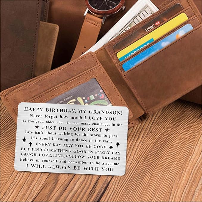 Grandson Birthday Card, Grandson Bday Gift, Engraved Wallet Card