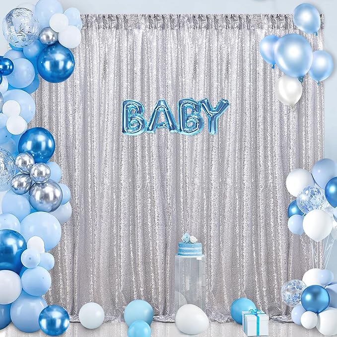 B-COOL Silver Sequin Backdrop Curtains 4 Packs 2ftx8ft Glitter Shimmer Fabric Silver Backdrop Drapes for Wedding Banquet Party Background Decorations