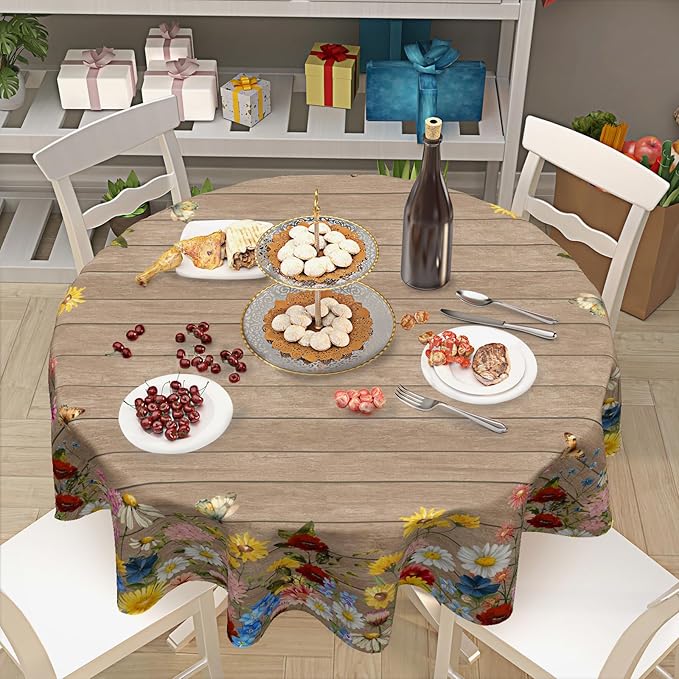 Spring Summer Round Tablecloth 60 Inch Vintage Floral Brown Wood Circle Table Cloth Farmhouse Table Cover Washable Polyester Indoor Decorations for Home Kitchen Dinning Party