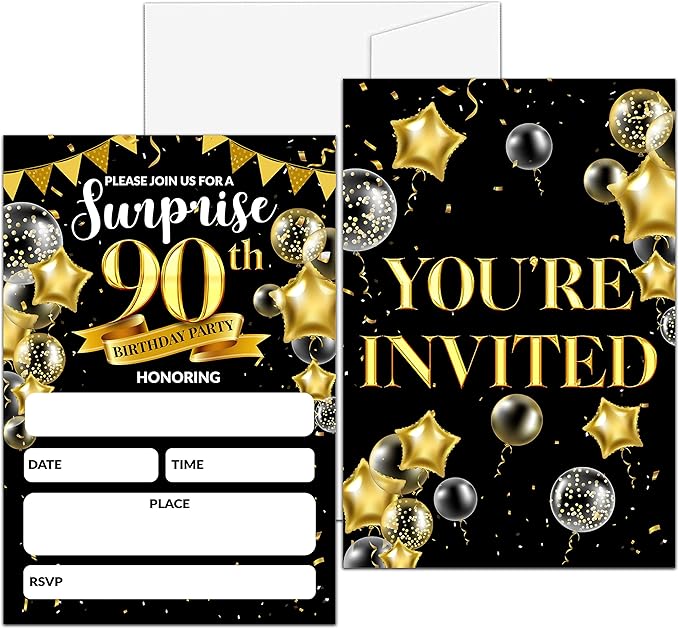 Surprise 90th Birthday Party Invitation, Black and Gold Fill-In Invites For Adult Woman & Man, 20 Invitations With Envelopes(4" x 6"), Party Favors Decorations And Supplies-07