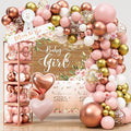 Floral Baby Shower Decorations for Girl, Rose Gold Baby Shower Party Supplies, Baby Boxes, Mom to Be Sash and Dad to Be Pin, Pink Balloon Arch Backdrop Tablecloth Heart Foil Balloon