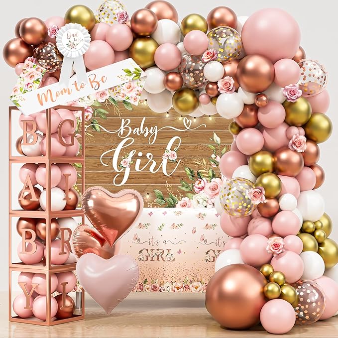 Floral Baby Shower Decorations for Girl, Rose Gold Baby Shower Party Supplies, Baby Boxes, Mom to Be Sash and Dad to Be Pin, Pink Balloon Arch Backdrop Tablecloth Heart Foil Balloon