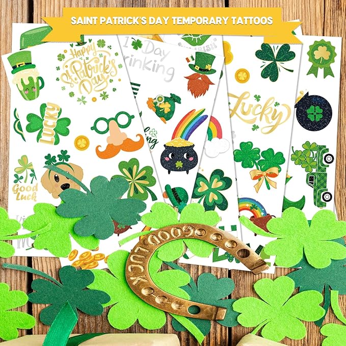 Xzentira 91pcs St. Patrick's Day Glitter Temporary Tattoos, Shamrock Face Tattoos Clover Body Stickers for Irish Party Favors, Lucky Saint Patricks Day Accessories for Parades & Holiday Decorations