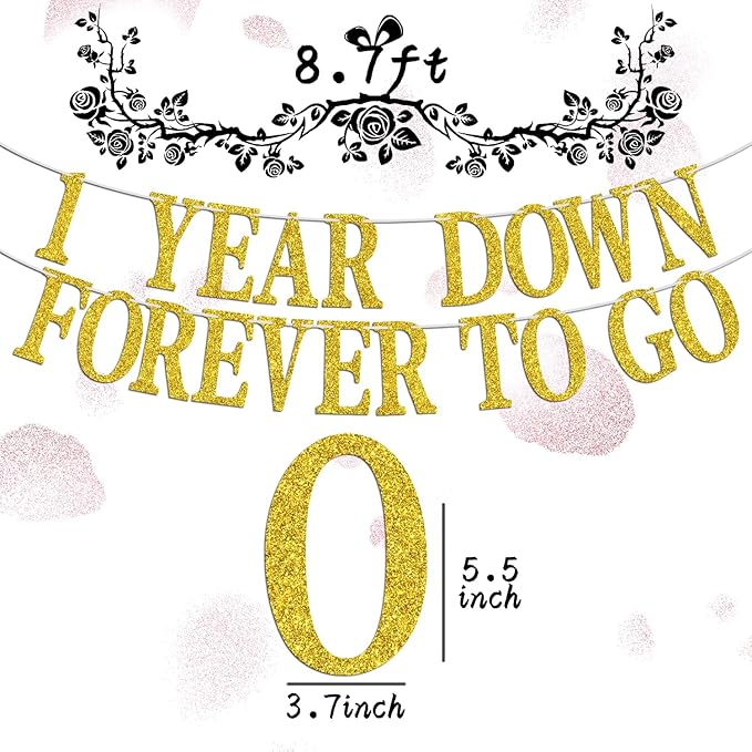1 Year Down Forever to Go Banner, 1 Year of Marriage Gift, Happy 1st Wedding Anniversary Party Decoration Supplies, Gold Glitter