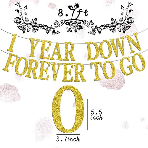 1 Year Down Forever to Go Banner, 1 Year of Marriage Gift, Happy 1st Wedding Anniversary Party Decoration Supplies, Gold Glitter