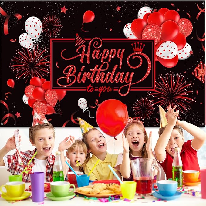 Blulu Happy Birthday Backdrop Banner Sign Poster Large Fabric Glitter Balloon Fireworks Sign Photo Backdrop Background for Birthday Party Decoration Supplies, 72.8 x 43.3in(Black and Red)