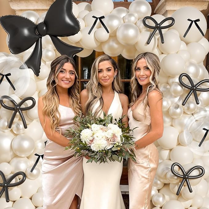 Pearl White Balloon Arch Kit, JOGAMS 174Pcs Bow Balloon Arch Kit with 260 Clear Bow Foil Balloons Ribbon Bow for Coquette Bow Theme Birthday Wedding Baby Shower Bachelorette Bridal Shower