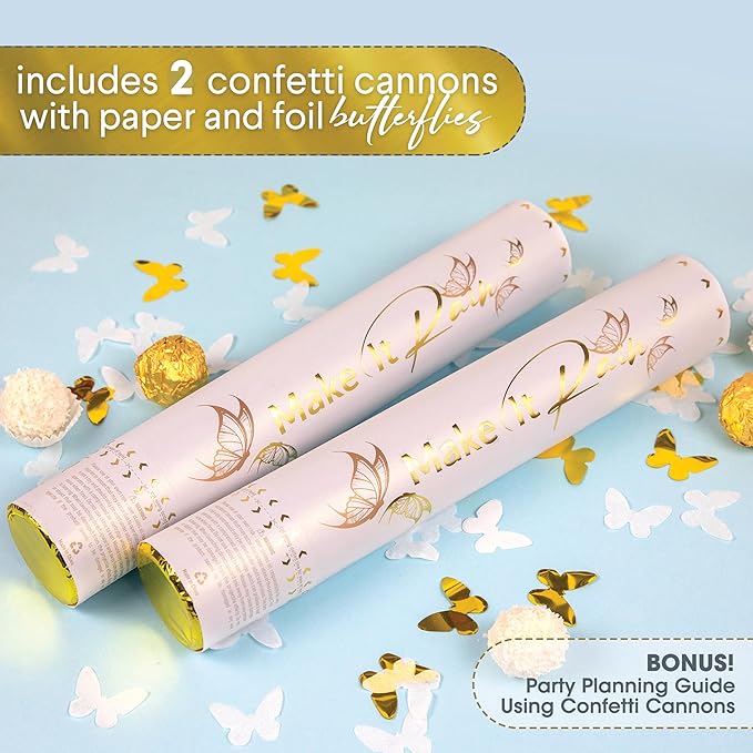 PrimePure Confetti Cannon Party Poppers - Butterfly White Confetti Poppers - 2 Pack - White Paper & Gold Butterfly Pop Gun for Wedding Send Off, Bridal Shower, Birthday, Parties