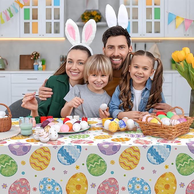 4 Pack Easter Plastic Tablecloth 54 x 108 Inch Oil Painting Easter Eggs Disposable Table Cloth Colorful Eggs Flowers Rectangle Table Covers for Spring Party Tables Decoration Home Kitchen Supplies