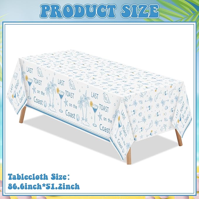 K1tpde 3PCS Last Toast On The Coast Bachelorette Party Tablecloth for Adult, Coastal Themed Blue Wine Cup Shell Starfish Plastic Tablecloth, Disposable Tablecover for Bridal Shower Summer Party Decor