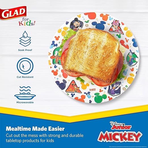 Glad for Kids Disney Mickey and Friends Disposable Paper Plates for Snacks and Meals, Heavy Duty Soak Proof Cut Resistant Microwave Safe Kids Plates, Party Pack, 8.5 Inch, 40 Count - 2 Pack