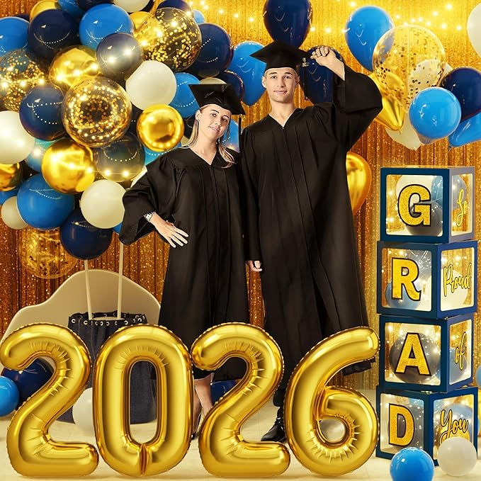 Graduation Party Decorations Class of 2026, 86PCS Blue & Gold Graduation Party Supplies High School College Grad Balloon Boxes with Letter, Foil Curtains, LED String Light, Balloon Garland Kit