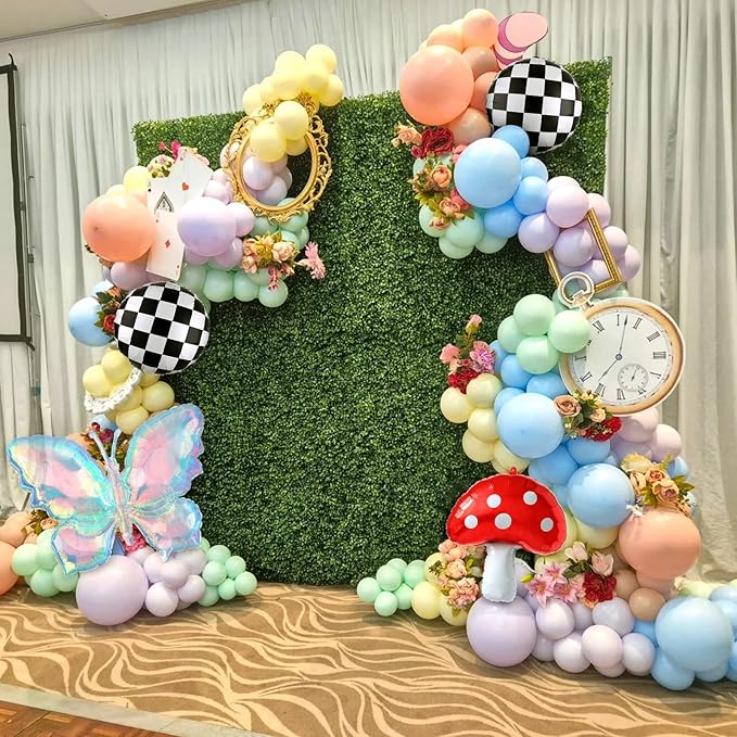 Fairy Wonderland Balloon Arch Kit,163Pcs Pastel Rainbow Balloon Garland with Iridescent Butterfly,Mushroom,Chessboard Foil Balloons for Alice Princess Birthday Onederland Garden Tea Party Decorations
